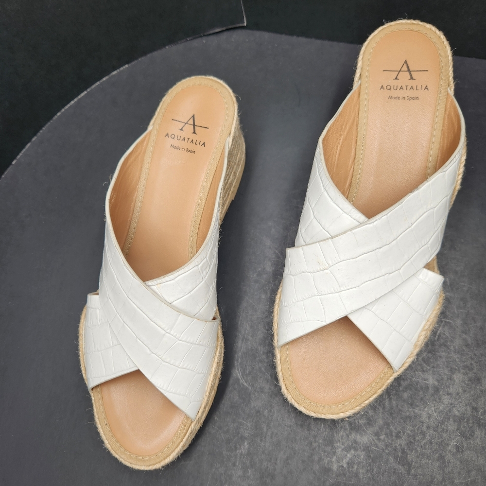 Aquatalia Wedge Sandals 9 White Croc Embossed Leather Marina Espadrille Slides